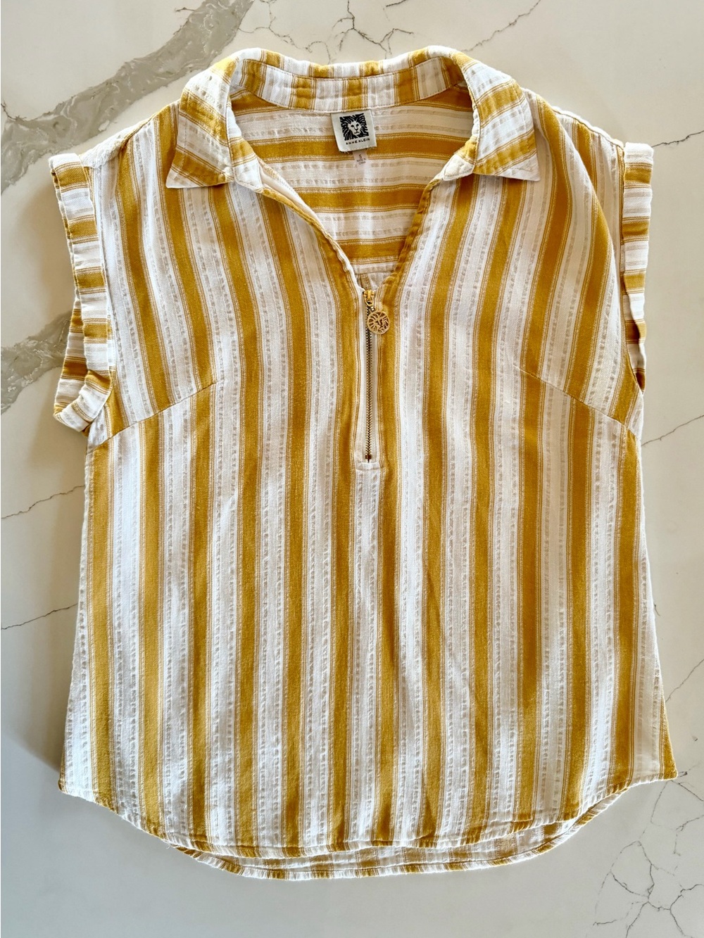 Anne Klein Mustard & White Striped Sleeveless Zip Front Top